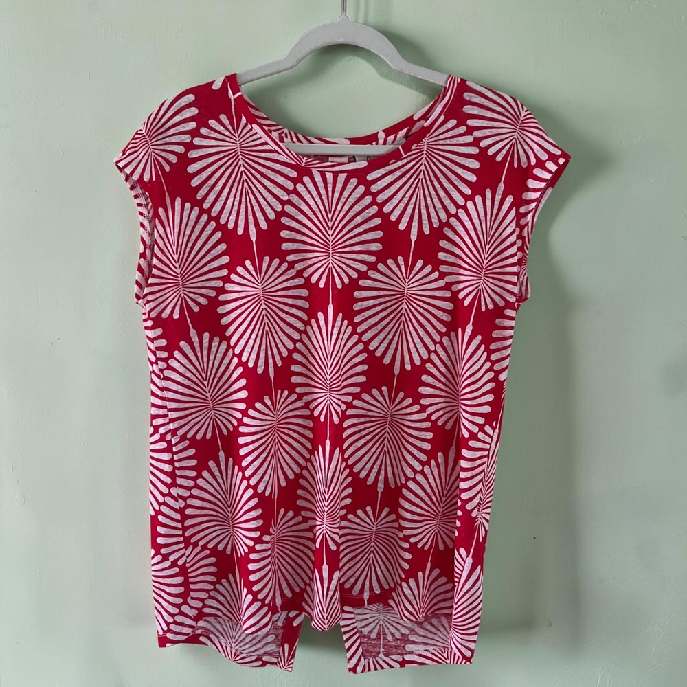 Joie Linen Top Women's Medium Red White Floral Relaxed Button Back Tunic Boho